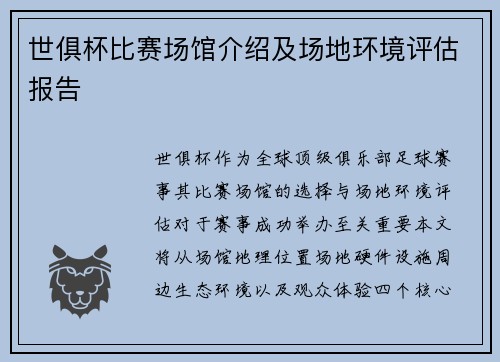 世俱杯比赛场馆介绍及场地环境评估报告