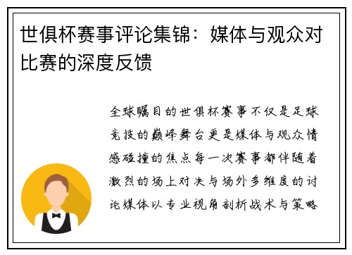 世俱杯赛事评论集锦：媒体与观众对比赛的深度反馈
